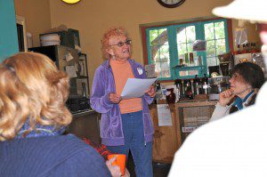 Bonnie Buckley Maldonado, Silver City’s first poet laureate, reads one of her poems at the Yankie Creek Coffee House in downtown Silver City. (Photo by Harry Williamson)